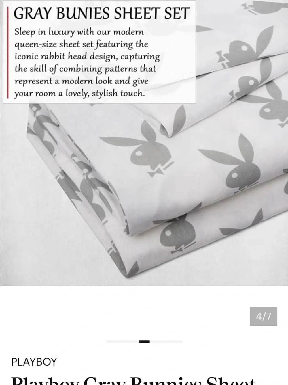 PLAYBOY White Sheet Set with Gray Bunny Print. Comes with a throw blanket. Queen
